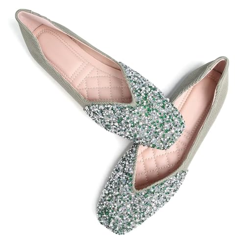 TN TANGNEST Women's Rhinestone Flats Comfortable Square Toe Slip on Flat Shoes