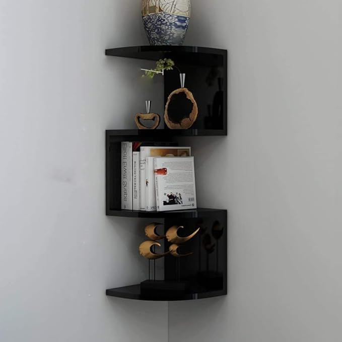 Wooden Wall Shelves | Corner Hanging Shelf for Living Room Stylish | Zig Zag Home Decor Floating Display Rack Storage Organizer Unique Design with Finish (Black)-image-37