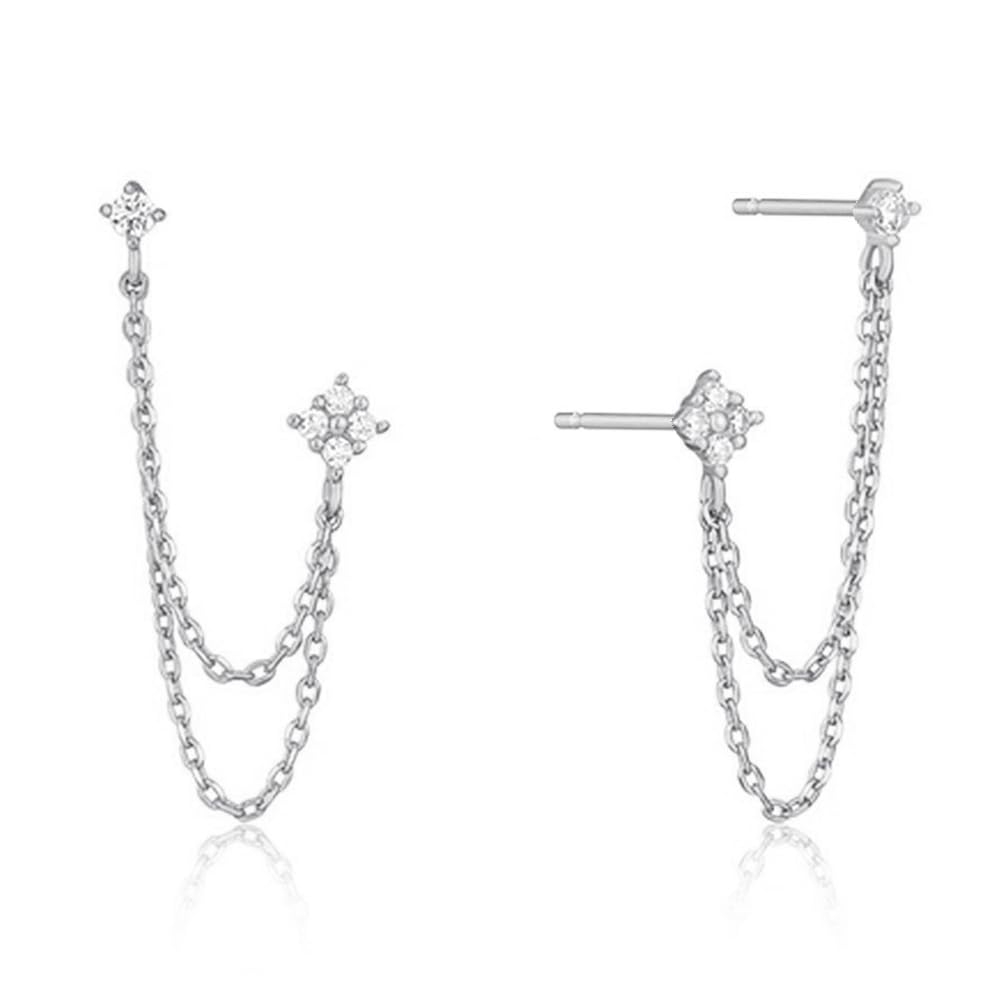 BG&WLing Silver Chain Earrings for Women Double Piercing Drop Earrings With Cubic Zirconia Studs Double Earrings for Two Holes Set Second Hole