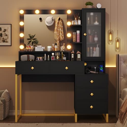 Image of Tiptiper Large Makeup Vanity with Lights and Charging Station, Vanity Desk with Mirror and Lights, Vanity Table with Nightstand, Makeup Table with 5 Drawers & Storage Shelves, Black and Gold
