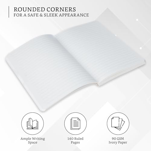 Image of Amazon Brand - Solimo A5 Ruled Notebook | 90 GSM | Flat Lay Binding | Rounded Corners | Flexible Soft Cover | Suitable for Sketching or Doodling, To-do lists & more (160 Pages)