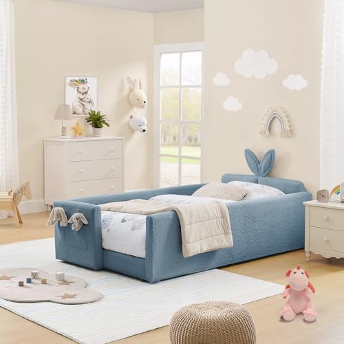 Image of Twin Size Kids Bed with Rabbit Ear Headboard, Upholstered Boucle Fabric Twin Daybed with Slats Support & Side Pockets, Space-Saving Wooden Corner Sofa Couch Bed Frame for Girls, Boys, Teenager(Blue)