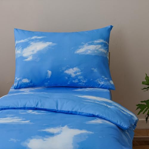 Image of Wellboo Sky Clouds Toddler Bedding Sets for Girls Boys White and Blue Sky 4 Pieces Soft Crib Bed Set Including Comforter, Sheets and Pillowcase Kids White Clouds Quilt Cartoon Casual Abstract Bed