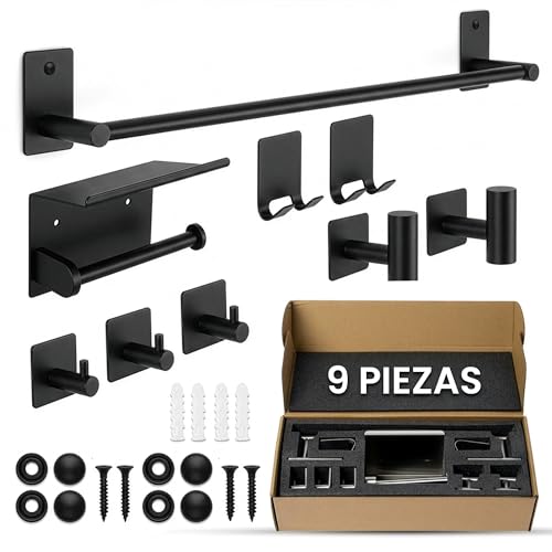 Orzac Accesorios Baño Sin Taladro - Set De 9 Piezas Con Toalleros De Baño Sin Taladro, Colgadores Adhesivos Resistentes Y Ganchos Adhesivos Para Pared Negro