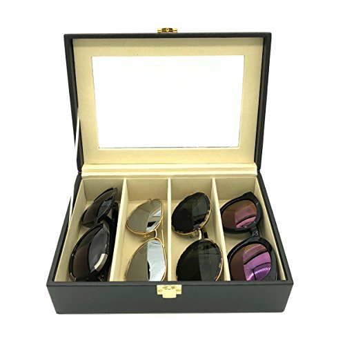 UnionPlus Travel 4-Slot Eyeglass Sunglass Glasses Organizer Collector - Faux Leather Storage Case Box (Black - 4 Slots)