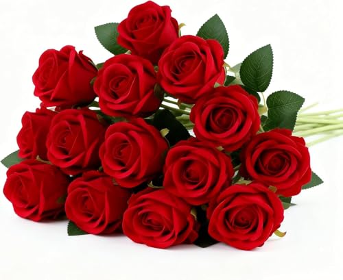 JIXUAN Künstliche Rote Rosen mit Langen Stielen 12 Stück Fake Blumen