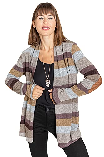Image of Eloges Women's Multi Stripe Soft Knit Open Cardigan with Suede Elbow Patch