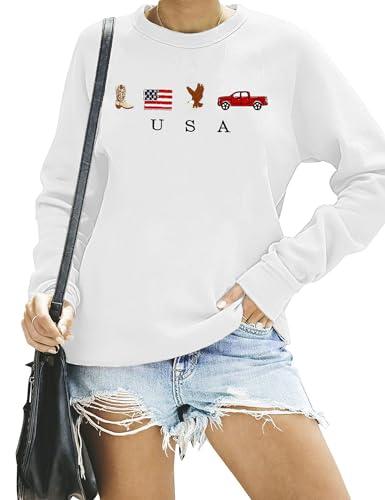Image of LAZYCHILD USA Sweatshirt Women American Flag Shirt Patriotic TShirt Stars Stripes Pullover 4th of July Tee Tops