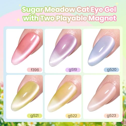 Image of Beetles Cat Eye Gel Nail Polish Set - Sugar Meadow 6 Colors Cat Eye Pastel Gel Polish Kit Glitter Pink Purple Green Blue Orange Peach Yellow Magnetic Soak Off UV Manicure Gift for Women