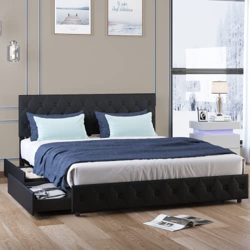 Mjkone Modern Full Size Bed Frame With 4 Storage Drawers, Pu Leather Upholstered Platform Bed Frame With Adjustable Headboard, No Box Spring Needed/Easy Assembly (Black, Full) #TOP18