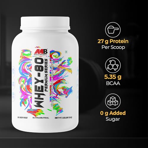 Image of M B Muscle Builder's Whey-80 Premium Series Whey Protein Powder | High Protein Shake | No Added Sugar and Low Fat | Protein Blend | USA Imported Whey Protein | Caffe Mocha Flavour | 2.2 Lb