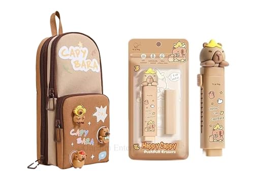 Image of Kawaii Cute Stationery Set | Aesthetic Multi-Layer Pencil Pouch with Charms & Push-Pull Eraser | Kawaii School /Office Supply Gift for Kids, Girls (Brown)