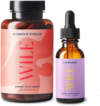 WILE Women’s Stress Supplement & Un-Worry Drops, 2-Pack, Mood Support for Women, (1) Bottle Herbal Supplements 60 Capsules & (1) Stress Relief Tincture, 1fl oz WILE Women’s Stress Supplement & Un-Worry Drops, 2-Pack, Mood Support for Women, (1) Bottle Herbal Supplements 60 Capsules & (1) Stress Relief Tincture, 1fl oz