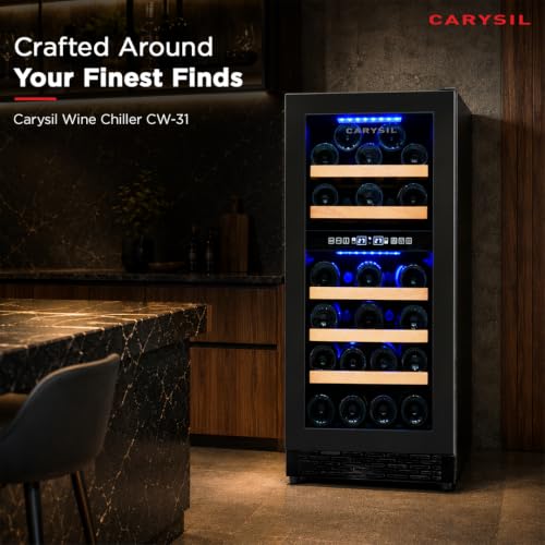 Image of Carysil Wine Chiller CW-31, 87 L Wine Cooler for up to 31 Bottles, Dual Zone Wine Refrigerator with 3-20C Temperature Control, LED Touch Control & Anti-UV Glass