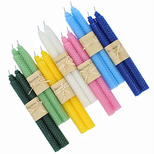 Image of Set of 14 Colorful Beeswax Taper Candles, 9 Inch Tapered Candles Ideal as Dinner Candles - Smokeless and Unscented Taper Candles LoWedding,Dinner, Home Decor