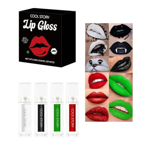 4 colores mate lápiz labial negro, brillo de labios resistente al agua, color negro y rojo, verde, resistente al agua, blanco, Halloween, cosplay, labios, maquillaje antiadherente