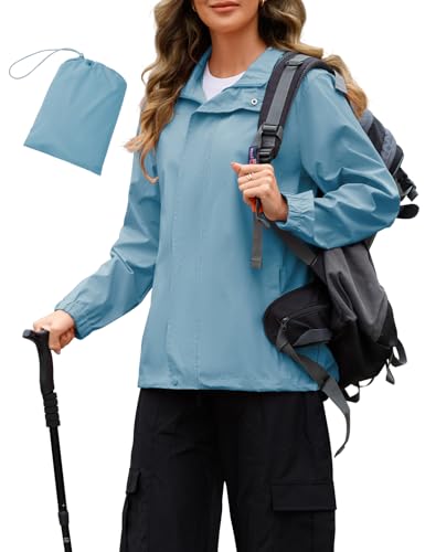 Durio Chubasquero para mujer, impermeable, plegable, transpirable, fina, con capucha, chaqueta ligera para mujer, chaqueta de entretiempo para bicicleta, chaqueta deportiva, 5000 mm, Haze Azul, M