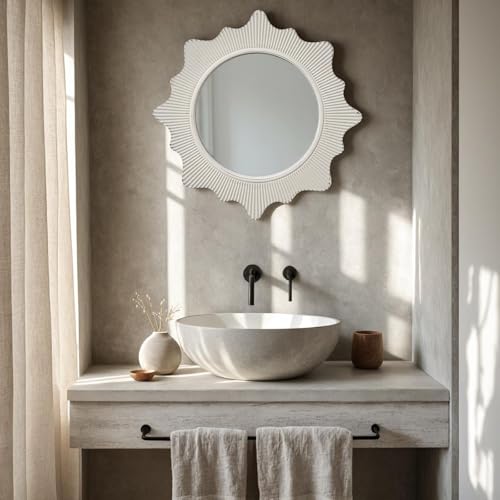 20" Boho Circle Wall Mirror White Wooden Framed Sun Mirror Round Bathroom Mirror Decorative Hanging Vanity Mirror with Tassels Nursery Mirrors for Girl Living Room Bedroom Entryway - Image 8