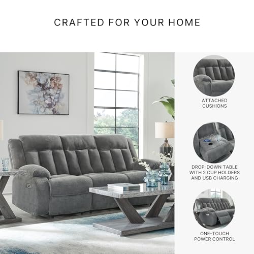 Image of Signature Design by Ashley Free Wake Modern Dual-Sided Power Reclining Sofa with Drop Down Table, USB Charging Port and 2 Cup Holders, Gray