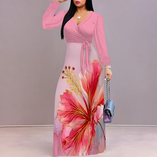 Image of Women's Plus Size Maxi Dresses Long Sleeves V Neck Floral Print Bohemian Swing Long Dress with Belt