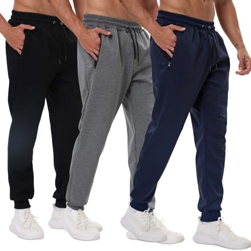 Bsrpolry Lot de 3 pantalons de survêtement athlétiques pour homme avec poches zippées, pantalons de sport pour la salle de gym pour homme, pantalons de...