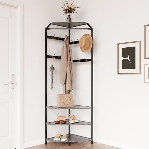 GarveeHome Corner Coat Rack with Shoe Bench Entryway, 6 Double Hooks, Modern Hall Tree, Gray, 20*20*71 inch