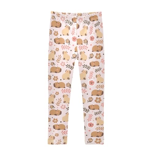 Cute Capybara Pink Flowers Girls Leggings Soft Comfortable Athletic Leggings Dancing Pants for 4-10 Years