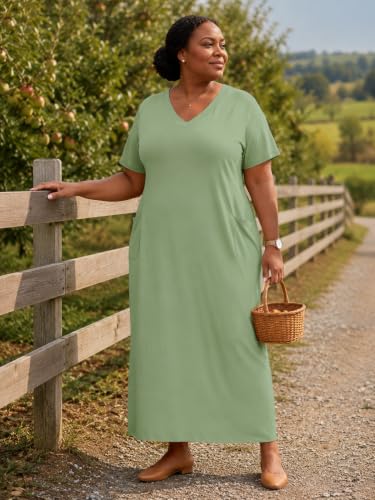Image of SUZONANA Women Casual T-Shirt Dress V Neck Short Sleeve Solid Color Oversize Dress with Front Two Pockets