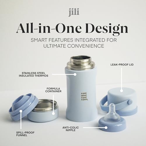 Image of Jili All-in-One Baby Bottle, Insulated Stainless Steel Bottle with Formula Container, Anti-Colic Nipple, and Leak-Proof Lid, Baby Essentials for Travel, BPA, Parabens, and Phthalate-Free, Ice, 8 oz.