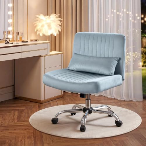 Image of Velvet Criss Cross Desk Chair with Wheels, Luxury Cross Legged Office Office, Swivel Wide Seat Vanity Chair, Armless Adjustable Height Gaming Chair Gift, Dusty (2, Light Blue)