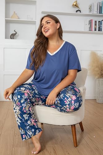 Image of Vozanet Women's Pajama Sets Short Sleeve with Long Pant Soft Sleepwear Printed pj Loungewear With TWO Pockets Size 1X to 5X