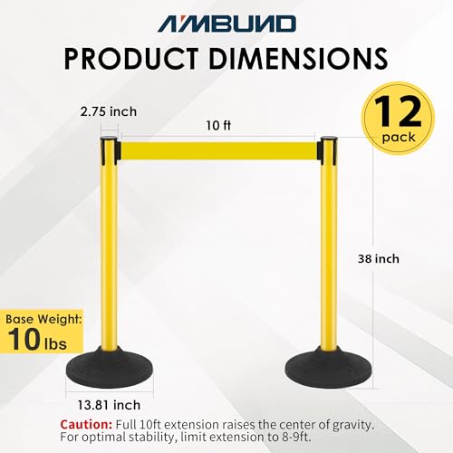 Image of 12 Pack Stanchions with Retractable Belts - Heavy Duty Crowd Control Barriers with Weighted Rubber Base, Retractable Belt Stanchions for Queue Line, Events, Public Safety(Yellow,12 Pack)
