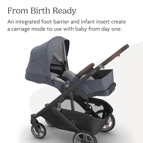 Image of UPPAbaby Cruz V3 Stroller - from Birth + Car Seat Compatible - Full-Size, Reversible Seat - Infant Insert, Bug and Rain Shields Included - Julian (Dusty Blue Melange /Carbon Frame /Chestnut Leather)