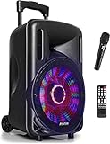 Die mobile Fenton FT10LED Musikbox groß arbeitet mit einem integrierten Akku und ist sehr mobil dank seiner kompakten Größe, den ausziehbaren Griff und die innenliegenden Räder