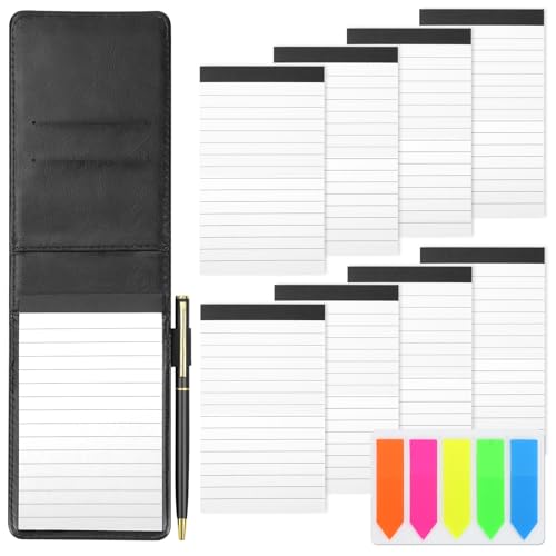 SHAIDOJIO 11 Piezas Mini Bloc de Notas A7 Set, Negro de Cuero PU Cuaderno Pequeñode con 50 Hojas Rayadas, Mini Libreta con 8 Blocs de Notas de Repuesto, 1 Metal Bolígrafo y 100 Etiqueta índice