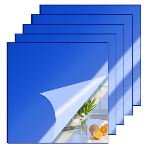 Image of 5 Pcs 8 x8 Inch Blue Acrylic Mirror Sheet, 1 /8 Inch Thick Opaque Glossy Mirror, Plexiglass Mirror Sheets with Protective Film, Rigid Mirror Acrylic Sheets for Sawing, DIY, Laser Cutting and Engraving