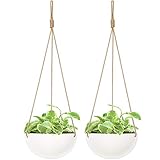 Mkono 9 Inch Ceramic Hanging Planter Indoor Outdoor Modern Round Flower Plant Pot White Porcelain Hanging Basket with Polyester Rope Hanger for Herbs Ferns Ivy Crawling Plants, Set of 2