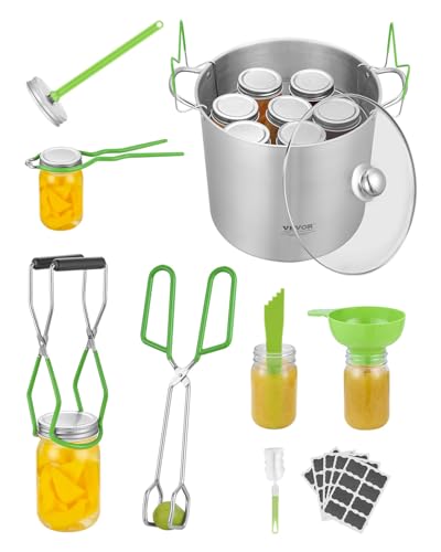 VEVOR Canning Supplies Starter Kit, 9 Pieces Stainless Steel Water Bath Canning Kit for Beginners, Canning Tools Set: Pot, Rack, Lid, Funnel, Tongs, Jar Lifter, Wrench, Magnetic Wand, Bubble Propper