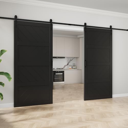 Image of 84 inchx84 inch Black Waved Barn Door with 14 FT Track Kit & Handle & Floor Guide | Pre-Drill Holes Double Barn Door For Easy Assembly, Solid Core Wood Sliding Barn Door for Water-Resistant & Sound Reduction
