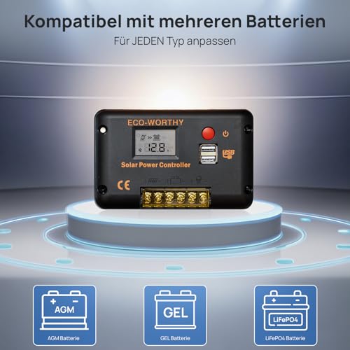 ECO-WORTHY 30A laderegler solar 12v /24v PWM mit Bluetooth & APP Überwachung, Intelligenter Batterie Controller für Solarpanel mit 2 USB-Anschlüssen für AGM/LiFePO4/GEL im Wohnmobil Solar System