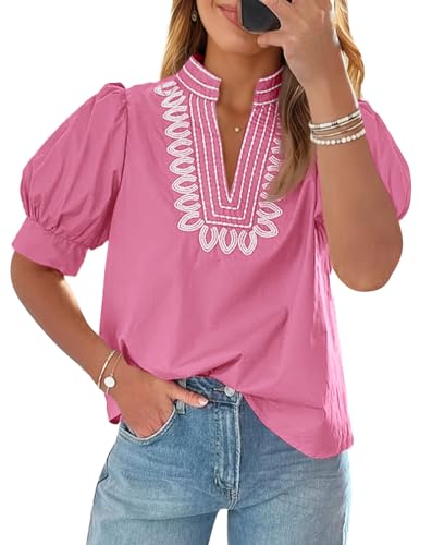 Cicy Bell Womens Puff Short Sleeve Blouses Summer Casual Dressy Embroidered V Neck Tops Loose Fit Tee Shirts Pink