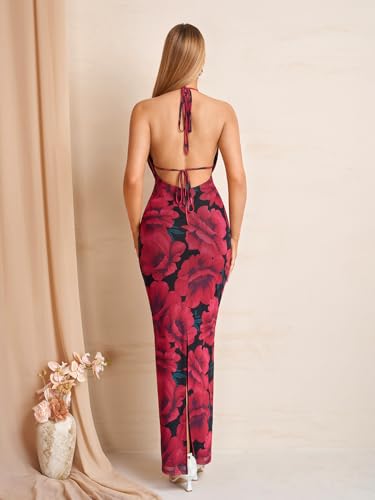 Image of KUTUMAI Women V Neck Long Formal Dress Floral Bodycon Maxi Split Back Dresses Sexy Sequin Evening Cocktail Party Gown
