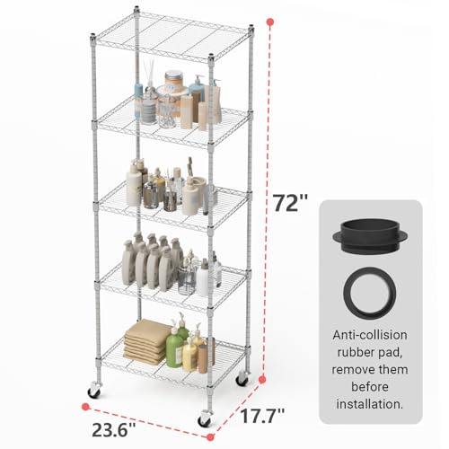 Image of Garage Shelving with Wheels, 5 Tier Shelving Unit and Adjustable Feet, 865 lb High Capacity Rolling Storage Shelf for Kitchen, Office, Dining Room, Garage(23.6 inchx 17.7 inchx 72 inch), Chrome