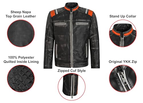 Men's Café Racer Biker Vintage Motorcycle Distressed Retro Real Leather Jacket 40593