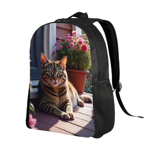 Comfort Fit Unisex Tabby Cat On Porch with Flowers Backpack Durable for Daily Commute Travel Adventures 16 Inch2