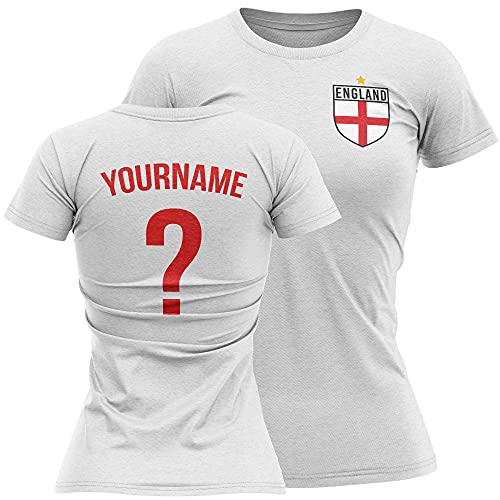 England Shirts For Women - England Flag Badge Custom Name And Number T Shirt - Football Personalised Retro Europe Summer 2021 Footy Gifts For Her - Unique European Footie Top, M, White