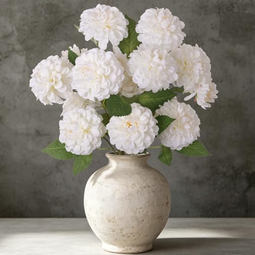 INXUGAO Artificial Flowers for Vase 6 Bunches Fake 27.5 White Long Stems Silk Pompon Dahlia for Indoor Outdoors Home Decor Front Door Porches Yard Patio Garden Planters