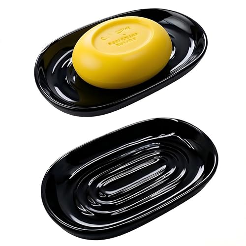 Ceramic Marble Pattern Soap Dish Textured Raised Soap Saver Tray for Shower Bathroom Kitchen Sink Vanity Easy to Clean Multi-Use Holder for Bar Soap Jewelry Rings Keys Black (1 Pack)