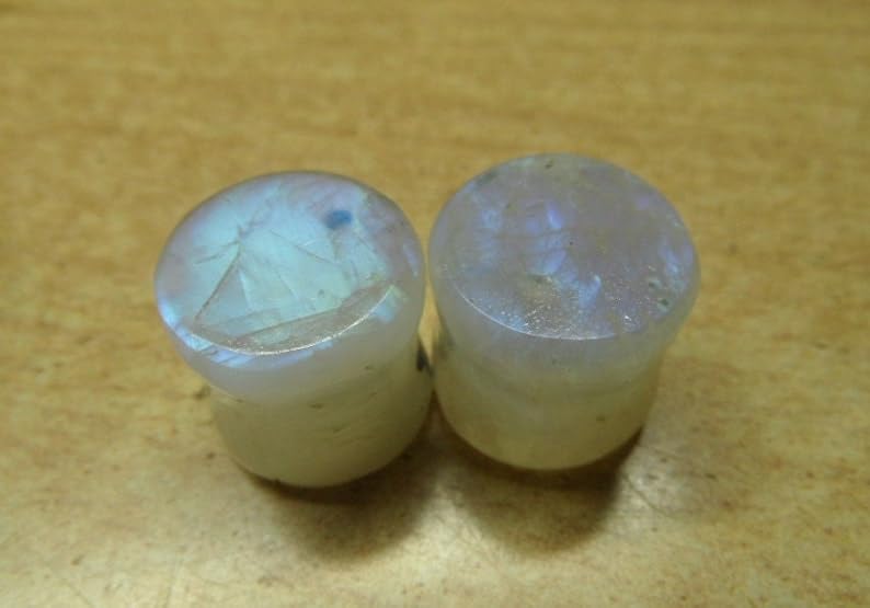 Natural Rainbow Moon Stone, Tunnels White Fire Plugs Ear Gauge & Plugs Earrings Convex & Concave