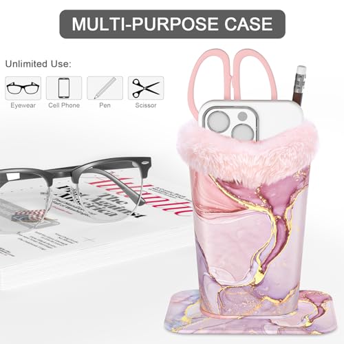 Image of Eyeglasses Holder, Plush Lined PU Leather Pattern Stand Case with Magnetic Base, Unisex for Women Men, Pink Marble